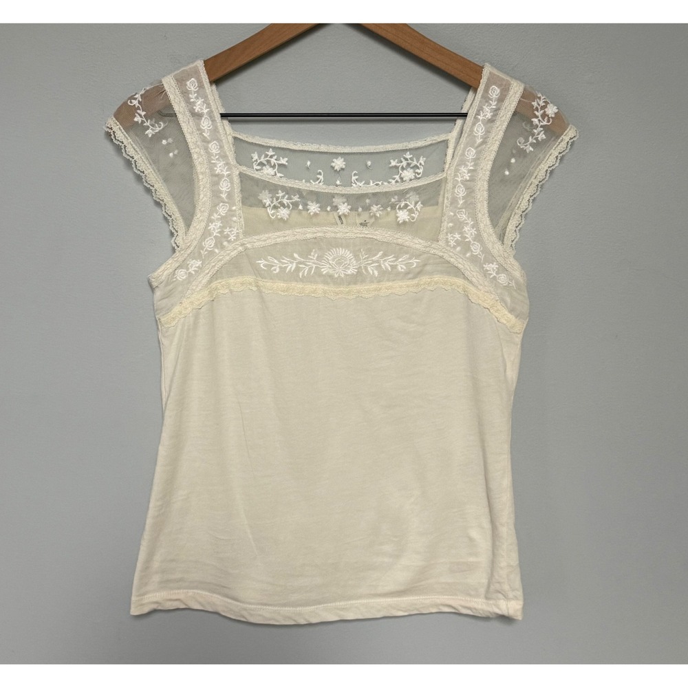 Moth Anthropologie Embroidered Mesh Lace Cream Cap Sleeve Cotton Top Sz Medium